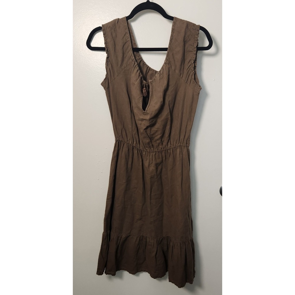 J. Crew Linen Cotton Blend‎ Women's XS Dress Brown Keyhole Front Tassels Ruffle